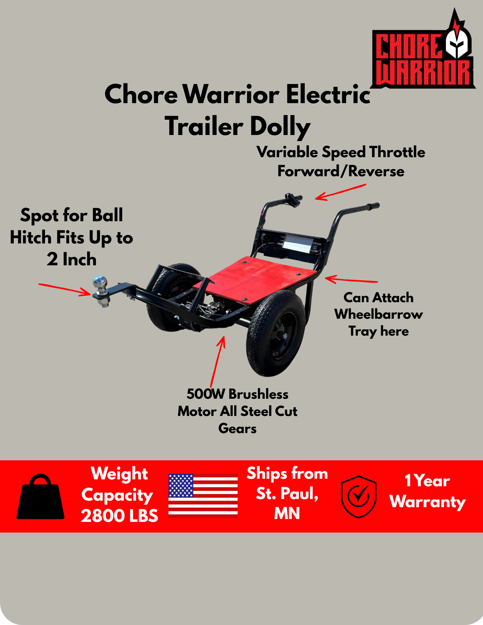 Electric Trailer Dolly 2800 lb Trailer Capacity 450 lb Tongue Weight 24V Battery 500W Brushless Motor Variable Speed Fits up to 2" Ball, Boat Trailers & Enclosed Trailers & Single Axel (Ships in 2-3 Weeks) - Image 2